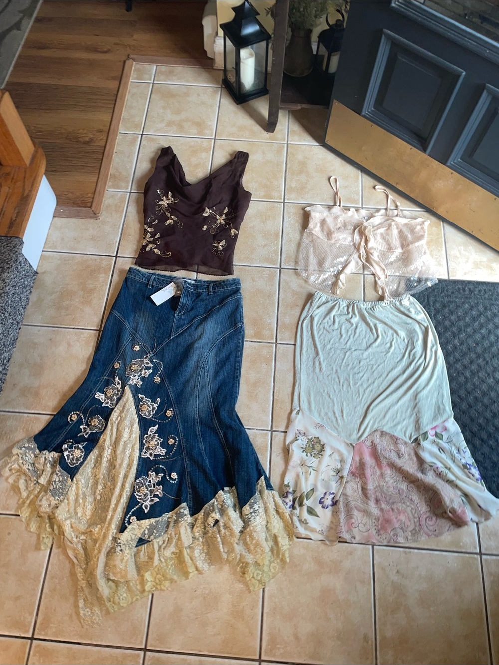 Vintage Y2K fairy-core outfit bundle Denim embellished skirt and top sets